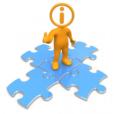 Orange Person With An I Inside His Circle Head, Standing On Top Of Blue Puzzle Pieces, Symbolizing Information And Technical Support Clipart Illustration Graphic