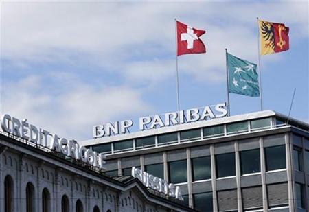 The building of the Credit Agricole and BNP Paribas are pictured in Geneva