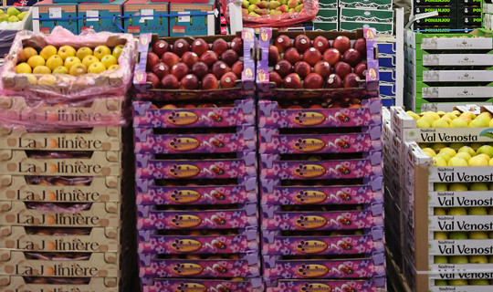 Stand de pommes au marché international de Rungis, France