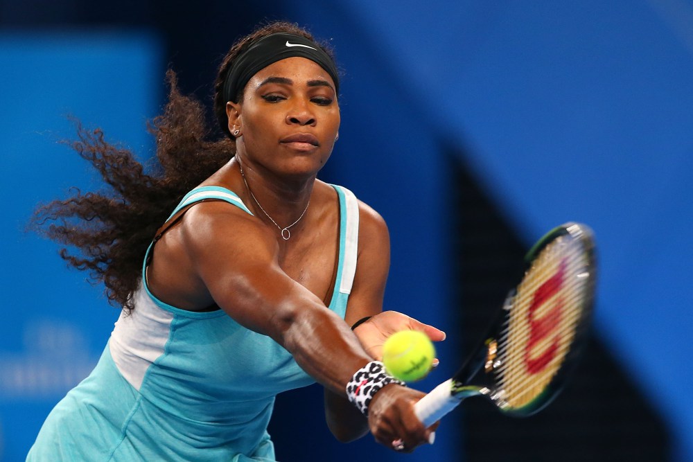 PERTH, AUSTRALIA - JANUARY 05:  Serena Williams of the United States plays a backhand in her match against Flavia Pennetta of Italy during day two of the 2015 Hopman Cup at Perth Arena on January 5, 2015 in Perth, Australia.  (Photo by Paul Kane/Getty Images) ORG XMIT: 517449931 ORIG FILE ID: 461032384