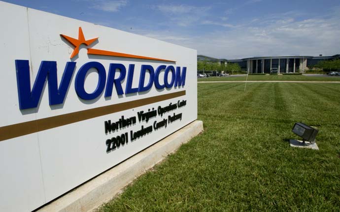 Photograph shows WorldCom sign at the company's facility in Ashburn, VA., June 26, 2002. Telecoms group WorldCom sent shockwaves through global markets Wednesday after revealing it had inflated its profits by $3.8 billion, one of the largest accounting scandals in history. WorldCom Inc, the second biggest U.S. long-distance telecoms group, Tuesday night fired its Chief Financial Officer Scott Sullivan and said it would restate its results for the last five quarters, erasing all profits from the beginning of 2001. REUTERS/Win McNamee WM/MMR - RTR6VLY