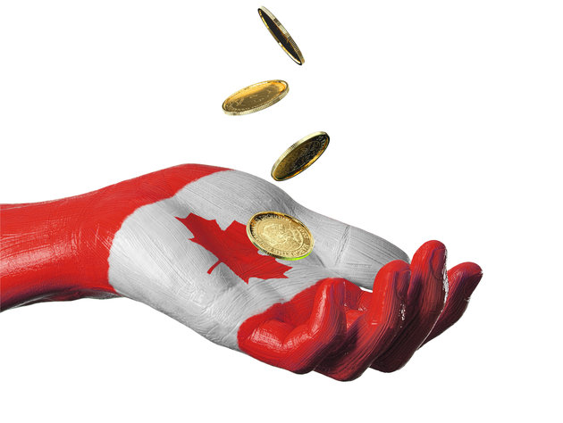 Hand painted flag of Canada with gold coins