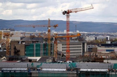 Cranes are seen on the construction site of Frankfurt's university campus in Frankfurt