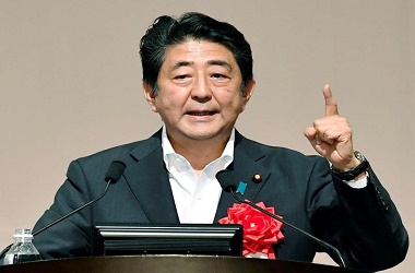 Japan's Prime Minister Shinzo Abe makes a speech in Fukuoka