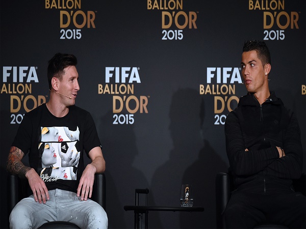 (From L) FC Barcelona and Argentina's forward Lionel Messi and Real Madrid and Portugal's forward Cristiano Ronaldo give a press conference ahead of the 2015 FIFA Ballon d'Or award ceremony at the Kongresshaus in Zurich on January 11, 2016. AFP PHOTO / OLIVIER MORIN / AFP / OLIVIER MORIN (Photo credit should read OLIVIER MORIN/AFP/Getty Images)